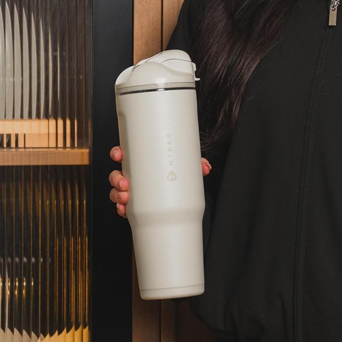 HydroJug Ease2o Water Bottle with Straw & Chug Lid, Stainless Steel, Vented Cap to Help Reduce Pressure, Water-Level Window, Cup Holder Friendly, Non-Slip Base – 40oz, Linen