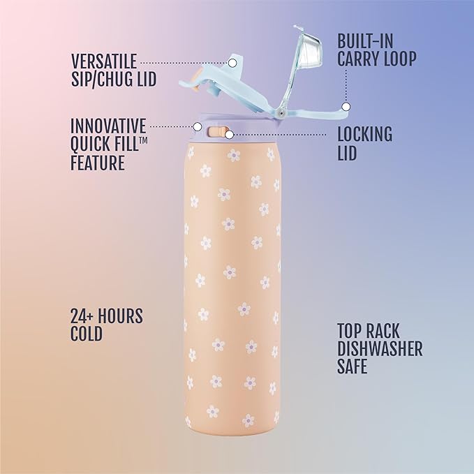Ello Pop & Fill 22oz Stainless Steel Water Bottle with Quick Fill Technology, Double Walled and Vacuum Insulated Metal, Leak Proof Locking Lid, Sip and Chug, Reusable, BPA Free, Gloss Daisies