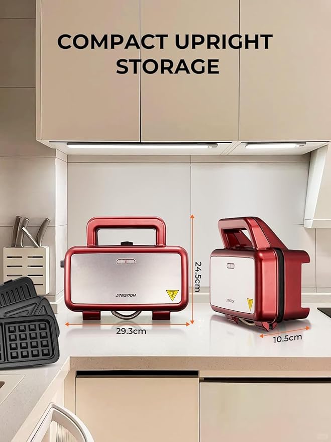 HOUSNAT Sandwich Maker, 3 in 1 Waffle Maker with Removable Plates, 1200W Panini Press with Interchangeable Non-Stick Plates, Indicator Lights, 5-gear Temperature Control (Red)