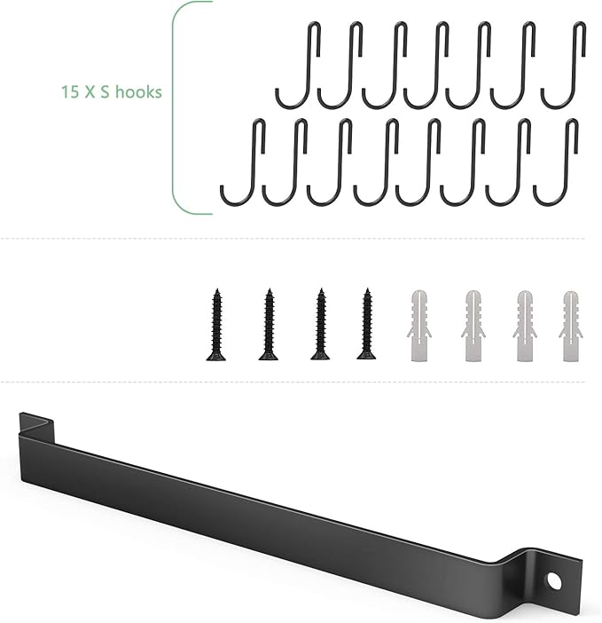 Housolution Kitchen Rail with 15 Hooks, 16 Inch Wall Mounted Hanging Utensil Rack Kitchen Utensil Hanger for Kitchen, 1 Pack, Black