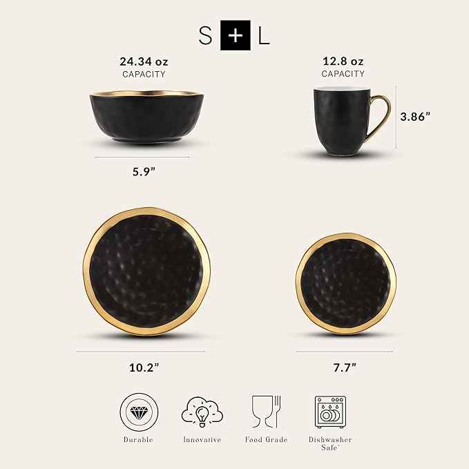 Stone Lain Florian Modern Porcelain 16 Piece Dinnerware Set, Plates and Bowls Set, Dish set for 4, Black And Golden Rim