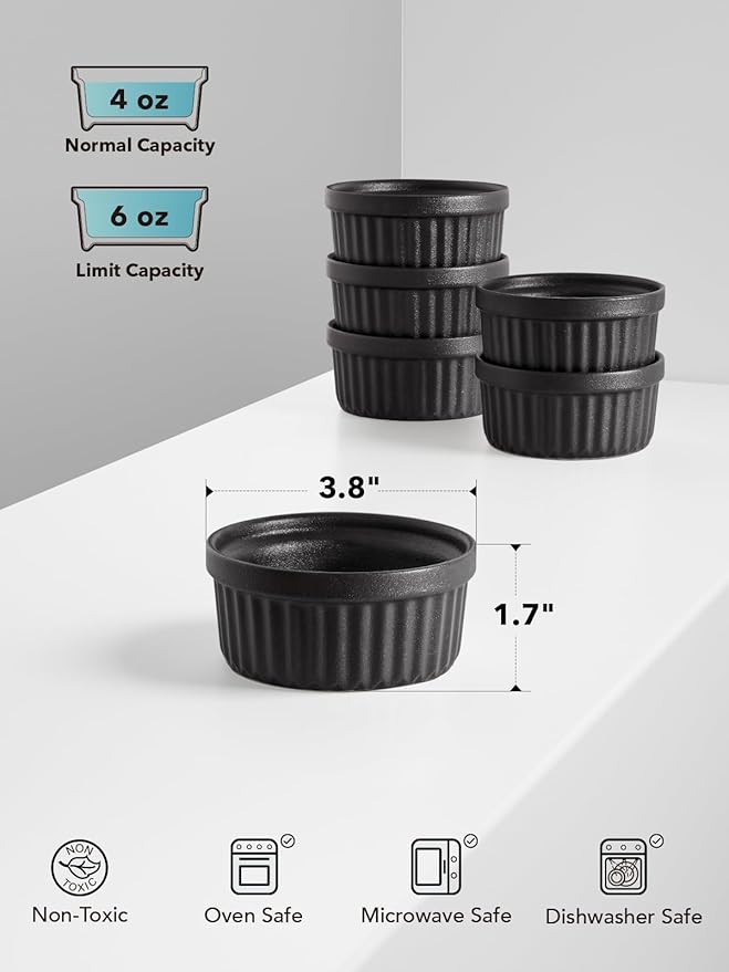 LE TAUCI Ramekins 4 OZ Oven Safe, Creme Brulee Ramekins, Pudding Custard Cups Souffle Ramiken, Dipping Sauce Dishes, Ceramic Ramekin Bowls Set of 6, Matte Black