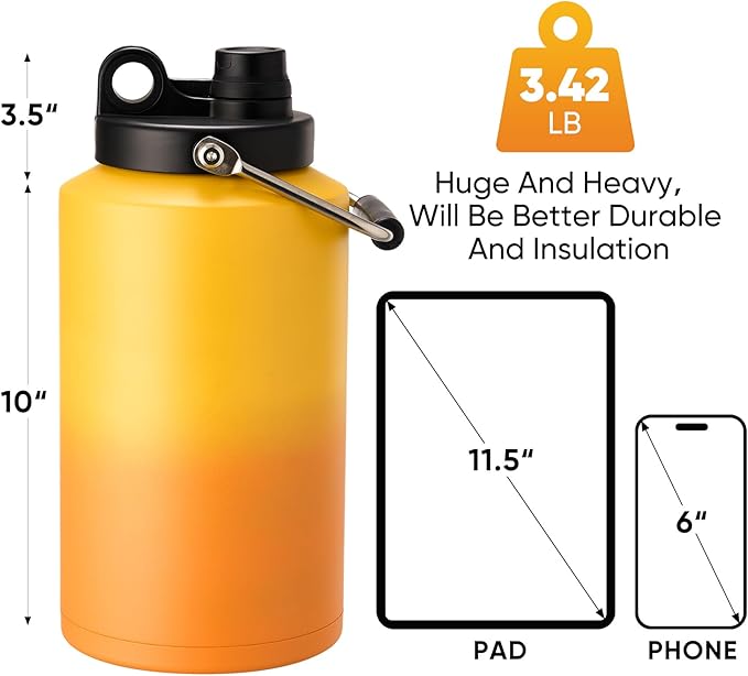 Kerilyn Insulated Gallon Jug with Handle, One Gallon, 128oz Stainless Steel, Large Double Vacuum Water Bottle for Hot & Cold Drinks, Wide Mouth, Sweat Proof, Great for Travel, Camping, Orange