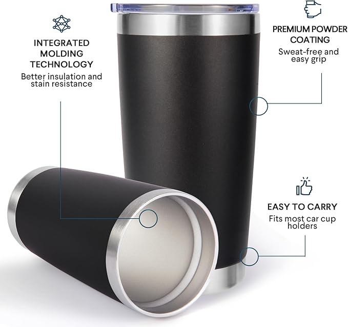 Volhoply 20oz Stainless Steel Tumbler with Lid and Straw Bulk 12 Pack,Double Wall Insulated Travel Iced Coffee Mug Fits Cup Holder,Powder Coated Cups for Hot/Cold Drinks,Christmas Gifts（Black,12 Set）