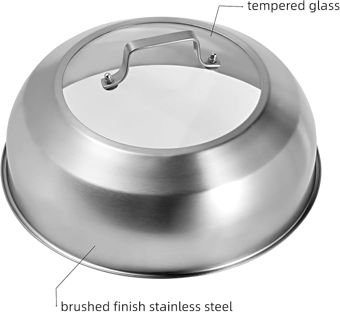 13.5 Inch Stainless Steel Basting Cover, Melting Dome for Griddle Cooking, Round Steaming Cover Lid with Tempered Glass Top and Steam Holes, Dishwasher Safe (13.5")
