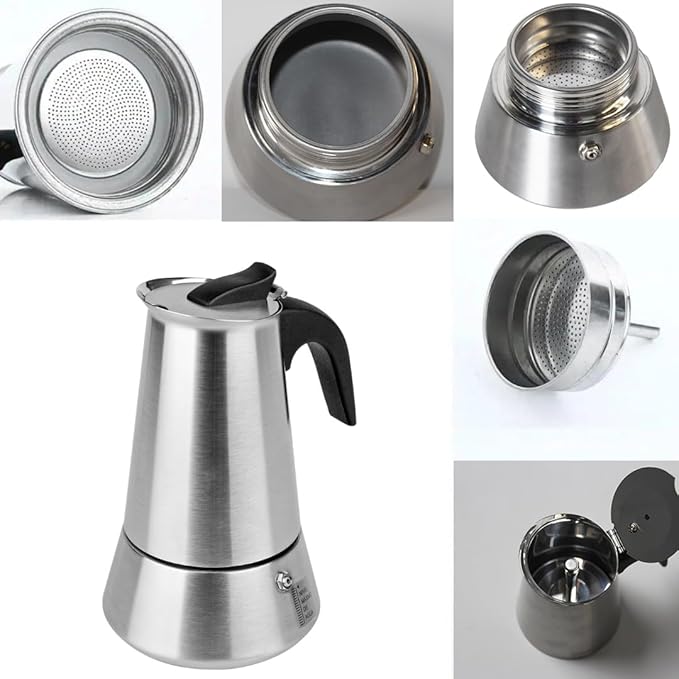 6 Cup Stovetop Espresso Maker Matte Stainless Steel Moka Pot Italian and Cuban Mocha Coffee Maker, Compatible with Gas, Electric, Ceramic, and Induction stovetops(10 fl oz/300 ml)