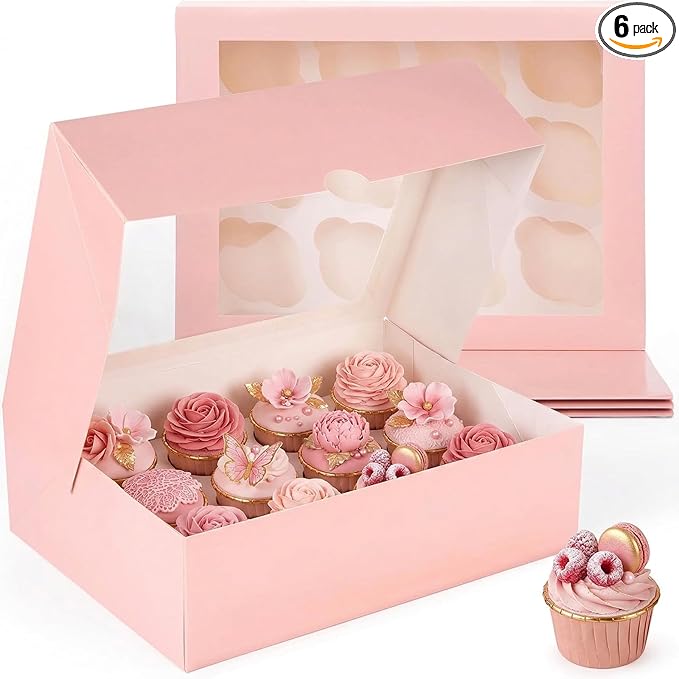 VGOODALL 12 Count Cupcake Boxes, 6PCS 13.2x9.8x4Inches Pink Cupcake Container with Window Boxes Holding 72 Pastry Box for Birthday Holiday Party Bakery Supplies