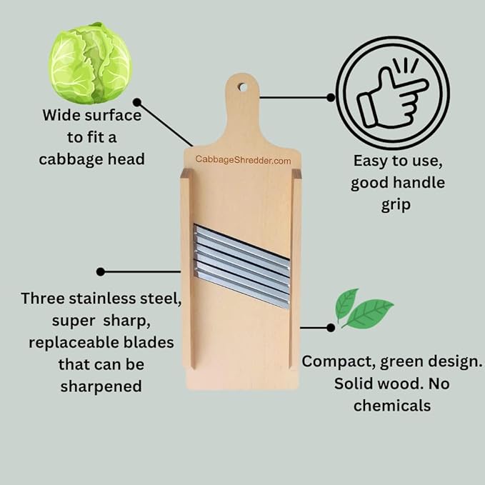 Wooden Cabbage Shredder, Vegetable Slicer for Food Preparation, Sauerkraut, Coleslaw, Salads. Pre-Oiled. Three Blades. A Cut Resistant Glove.