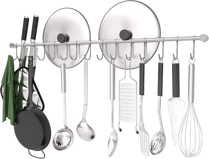 Kitchen Rail with Hooks, 30.5inch " Utensil Hanger with 15 Pcs Noiseless Sliding Hooks, Organizer Storage Holder Wall Mounted for Kitchen/Bathroom/Bedroom, 304 Stainless Steel, Silver
