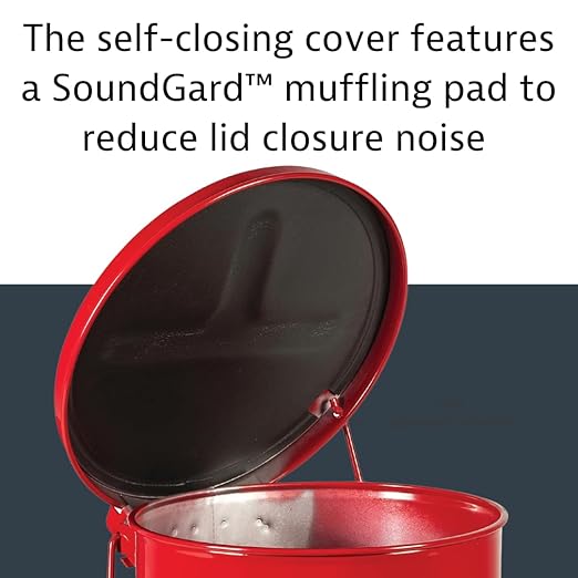 Justrite 10 Gallon Galvanized Steel Oily Waste Can, 18" x 14" Metal Oil Rag Safety Can with Quiet Foot Operated Self-Closing Lid for Oil Rag Disposal, Made in The USA, Red, 09308