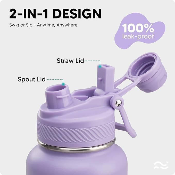 Swigina [2-IN-1 LID] Insulated Water Bottle with Silicone Boot (36hrs Cold/18hrs Hot) - DIY Stickers, Leakproof, BPA Free, 40 oz