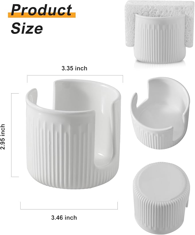 Ceramic Sponge Holder for Kitchen Sink, Scrub Sponge Dish Rack, Farmhouse Compact Sink Caddy Organizer, Classic White