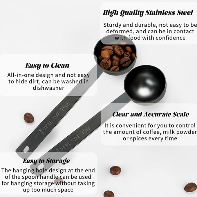 3Pcs Coffee Measuring Scoop Spoons, Stainless Steel Coffee Scoop, Long Handle Tablespoon for Measuring Coffee, Milk Powder, Fruit Powder, Tea, Sugar, Grains, Flour and Protein (Black)