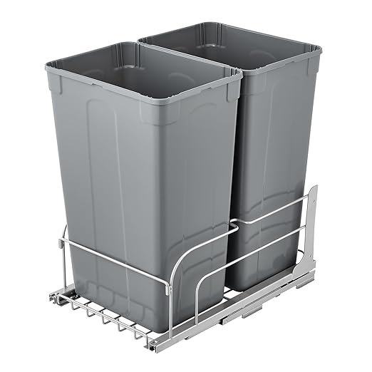 VEVOR Pull-Out Trash Can, 50 QT x2 Double Under Mount Kitchen Waste Container, Heavy Duty Garbage Recycling Bin with Door Kit and Soft Close Slide, for Kitchen Cabinet, Sink, Under Counter (Grey)