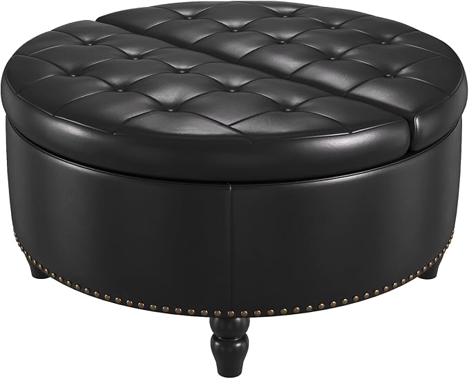 30 Inch Large Round Ottoman with Storage, Modern Leather Ottoman Coffee Table with Lift Top, Upholstered Button Tufted Footrest Stool Toy Blanket Storage for Living Room, Black