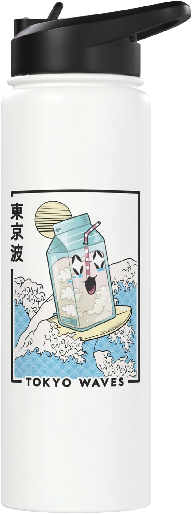Happy Milk Carton Surfing Japanese Waves Kawaii Aesthetic Stainless Steel Insulated Water Bottle