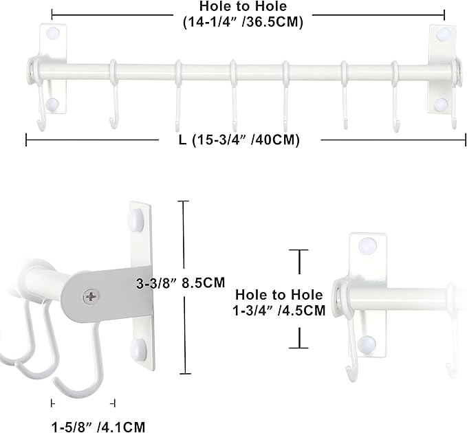Dseap Kitchen Utensil Holder Hanger, Pot and Pan Rack Wall Mount, Kitchen Rail with 8 Hooks for Hanging Cooking Utensils, Mugs, Spoons, Wall Mounted, Stainless Steel, White
