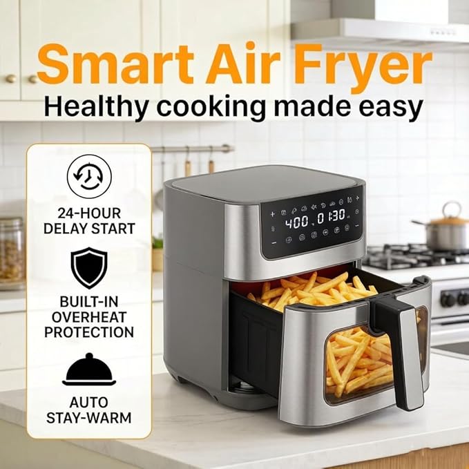HealSmart 6.34 Qt Air Fryer with Window, 8-in-1 Digital AirFryer Oven, 1700W, Nonstick Dishwasher-Safe Basket, Air Fry, Roast, Dehydrate, 90-Min Timer, Stainless Steel, Gray