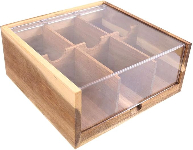 HTB Acacia Wood Tea Bag Organizer Storage, Gift Box 6 Compartments Tea Chest Box with Acrylic Transparent Hinged Lid