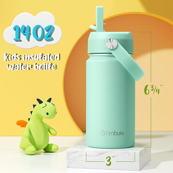Fimibuke Kids Insulated Water Bottle - 14oz BPA-FREE 18/8 Stainless Steel Travel Tumbler Leak Proof Double Wall Vacuum Kids Cup with Straw Metal Water Bottle for School Boys Girls（2 Pack, Macaron）