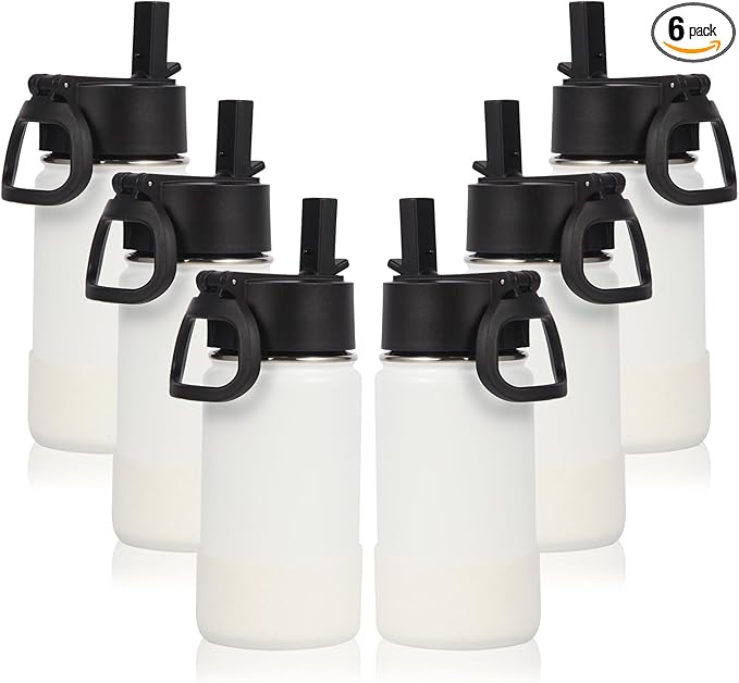 Volhoply 14oz KIds Water Bottle with Straw Lid and Silicone Boot Bulk 6 Pack,Stainless Steel Insulated Cups for Boys & Girls Multipack,Double Wall Vacuum Leakproof Bottles(White,6)