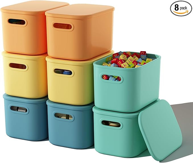 ORGIDOL 8 Pack Colorful Storage Bins with Lids Stackable Storage Container for Organizing, Storage Boxes with Handle for Shelves, Cute Storage Bin for Craft, Snacks, 9.85x6.9x5.7 inch