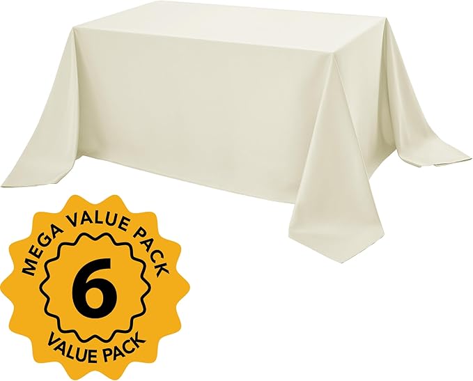6-Pack Ivory Tablecloths for Rectangle Tables, 90 x 132 Inches, Stain-Resistant Polyester Fabric for 8 Foot Tables - Washable Table Covers for Weddings, Banquets, Birthday Parties, Events