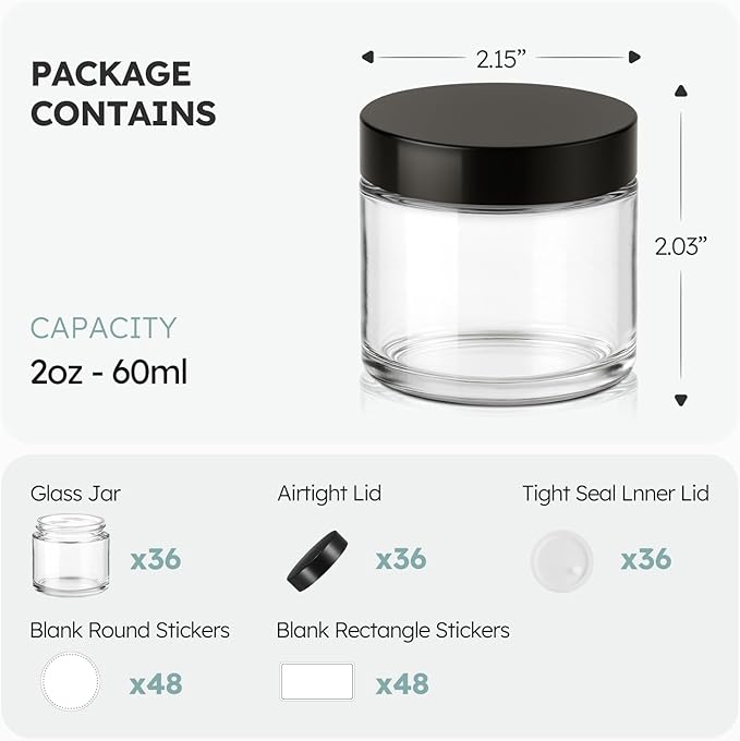 2 oz Glass Jars with Lids, 36 Pack Clear Small Glass Jars with Black Lids Leakproof Round Airtight Empty Cosmetic Travel Containers with Inner Liners For Lotions Powders and Candle Making