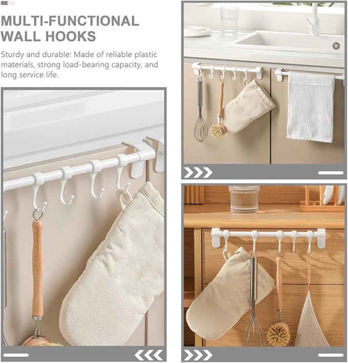 DOITOOL Cabinet Kitchen Utensil Hooks 5pcs Plastic Multi-Function Hanging Rack No Drill Installation White Storage Organizer for Cookware and Sundries