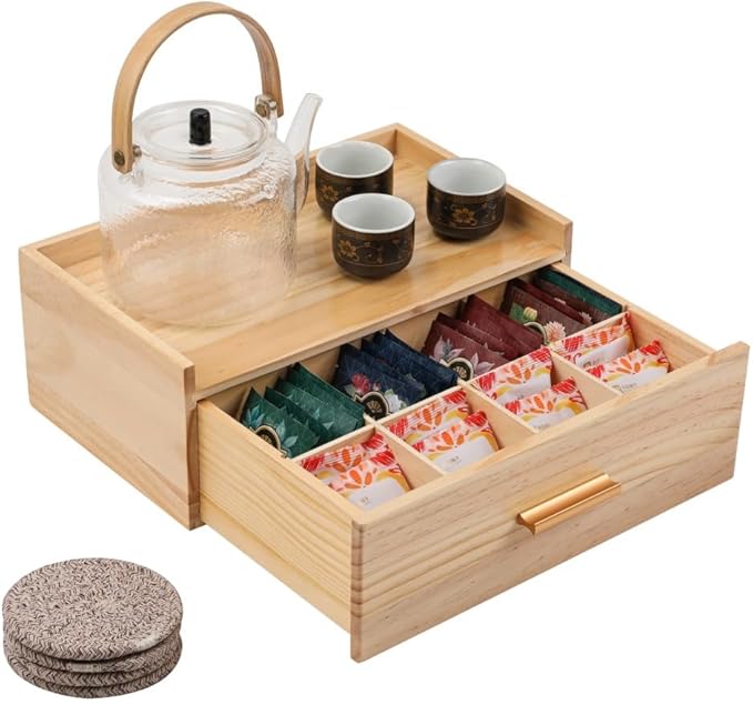 Tea Organizers and Storage Box Tea Station organizer for Countertop with 4 Cotton Woven Coasters Pine Wood Tea Bag Organizer Drawer Teabag Holder with 8 Compartments Wooden Sugar Packet Holder
