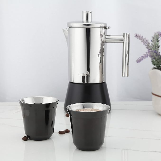 Easyworkz Stainless Steel Espresso Cup 2pcs Set Double Wall 5 oz, Bundled Espresso Steaming Pitcher Stainless Steel 12 oz Coffee Frothing Picther Milk Jug Cappuccino Latte Art Cup