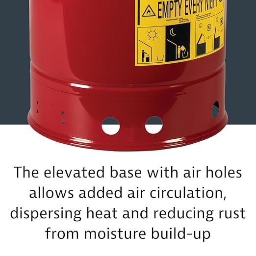 Justrite 10 Gallon Galvanized Steel Oily Waste Can, 18" x 14" Metal Oil Rag Safety Can with Hand Operated Self-Closing Lid for Oil Rag Disposal, Made in The USA, Red, 09310