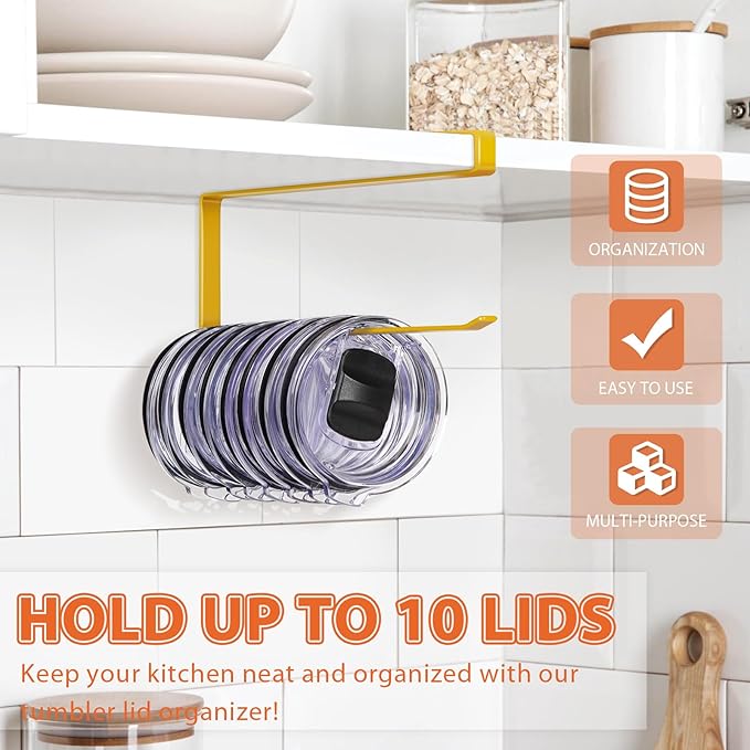 Tumbler Lid Organizer, Horizontal Tumbler Lid Storage Hook Up to 10 Lids, Space Saving Cup Lid Holders Under Cabinet Tumbler Lid Hook for Kitchen Organizer and Storage, Paper Towel Rack Hanger (Gold)