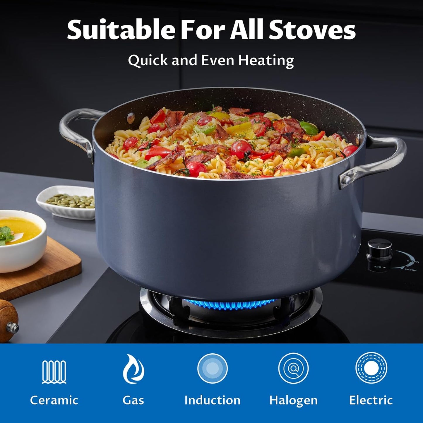 BEZIA 10 Quart Cooking Pot, Large Non Stick Induction Stock Pot with Lid, All Stove Compatible, 10 QT Aluminum Soup/Stew Pot For Large-batch Cooking, Grey