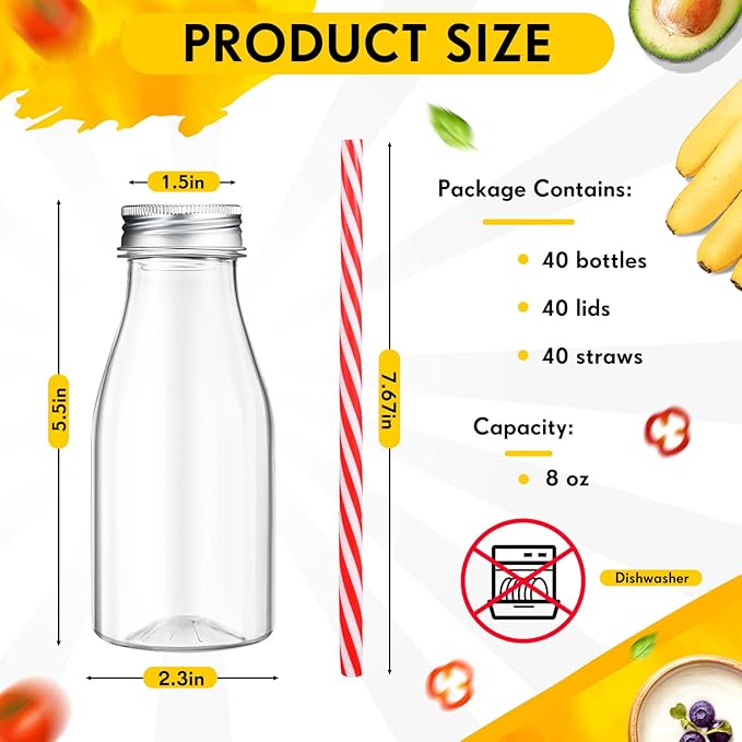 Irenare 40 Sets Plastic Small Milk Bottles with Straws and Metal Lids Clear Plastic Bottle for Dairy Milk Party Bottle for Milk Juices Shakes Smoothies, 40 Bottles and 40 Straws (Silver,8 oz)