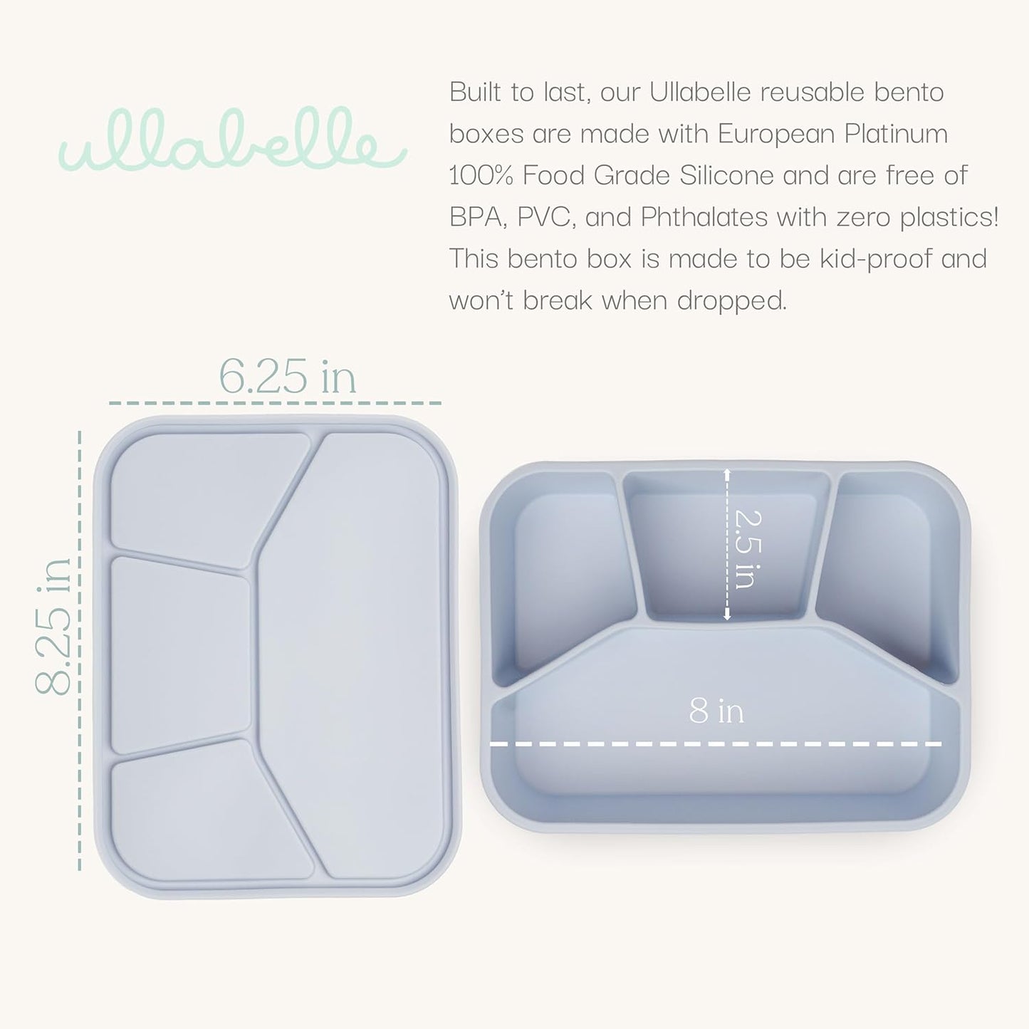 Ullabelle Leak Proof Bento Box Food-Grade Silicone Bento, BPA, Phthalate, Lead, & PVC Free - Lunch Box for Daycare, Kids, & Adults - Leak Resistant Sets With Lids Snack Box Container (Periwinkle 4)