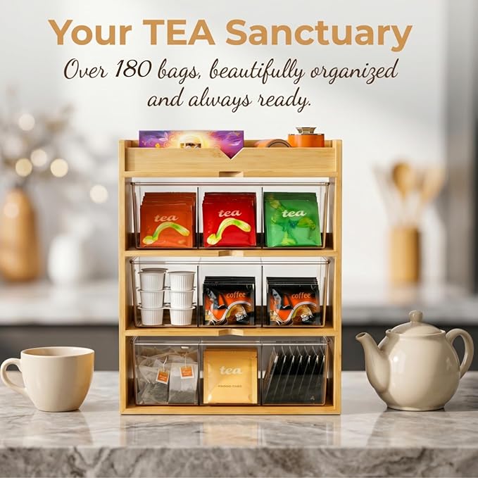 Tlence 4 Tier Bamboo Tea Bag Organizer, Vertical Wooden Tea Storage Box with Acrylic Drawer, Tea Storage Holder and Tea Station for Countertop Kitchen Office, 15.5" x 11" x 5.3"