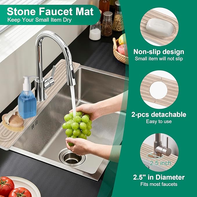 Stone Drying Mat for Kitchen Counter, 24"x16" Water Absorbing Dish Drying Mat with 24"x4" Faucet Mat for Kitchen Sink, Diatomaceous Earth Quick Dry Stone Mats for Dishes Bottles Cups (Wood Grain)
