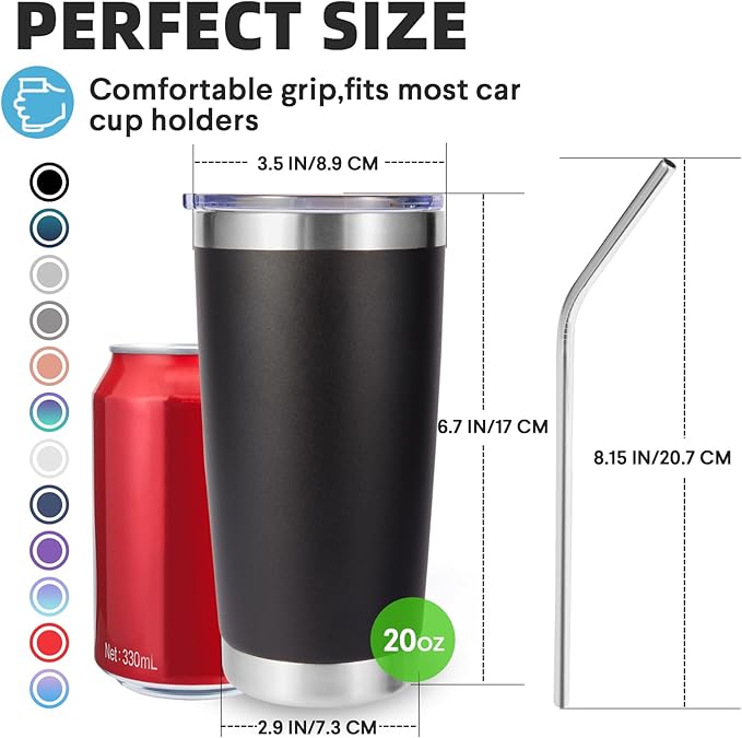 Volhoply 20oz Stainless Steel Tumbler with Lid and Straw Bulk 12 Pack,Double Wall Insulated Travel Iced Coffee Mug Fits Cup Holder,Powder Coated Cups for Hot/Cold Drinks,Christmas Gifts（Black,12 Set）
