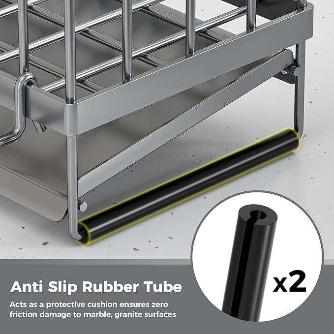 Sponge Holder for Kitchen Sink – Rustproof Stainless Steel with Detachable Drainboard, Brush Rack & Towel Bar | Compact, Non-Slip Design for Countertop Bathroom