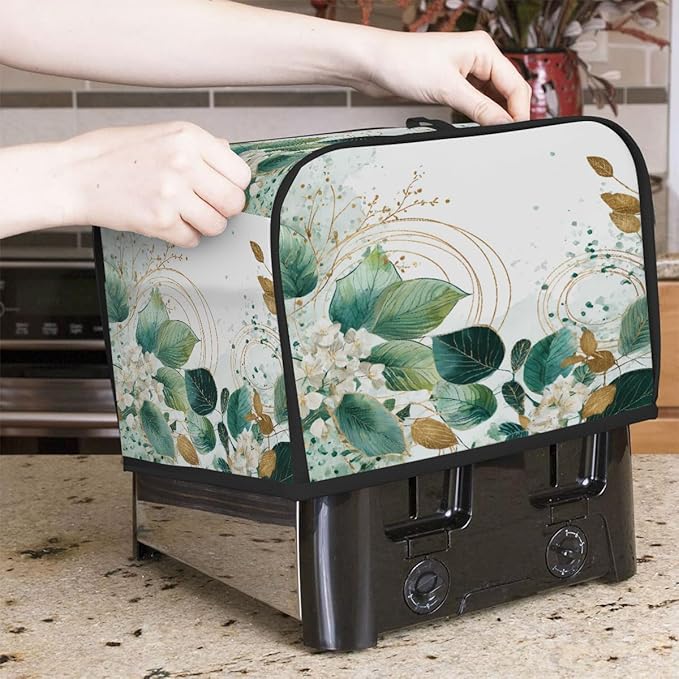2 Slice Toaster Cover,Sage Green Eucalyptus Leaves Floral Gold Line Small Kitchen Appliance Bread Machine Cover with Pockets,Dust & Fingerprint Protection