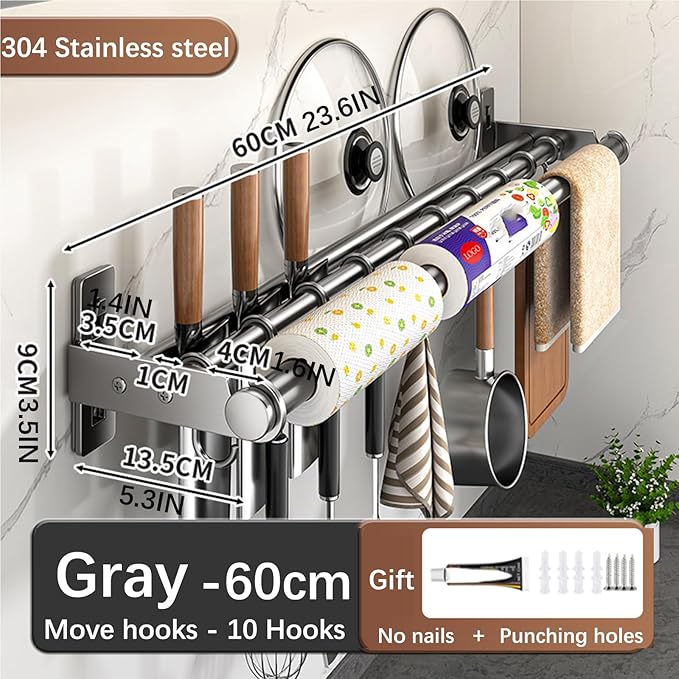 Hanging Wall Mount knife Wall Mount, Kitchen Organizer Storage Shelf for Utensils Spatula Spoon, Space-Saving Knife Rack with Hooks,Wall-Mounted Utensil Holder (Grey, 60CM+Three Poles+10Hooks)