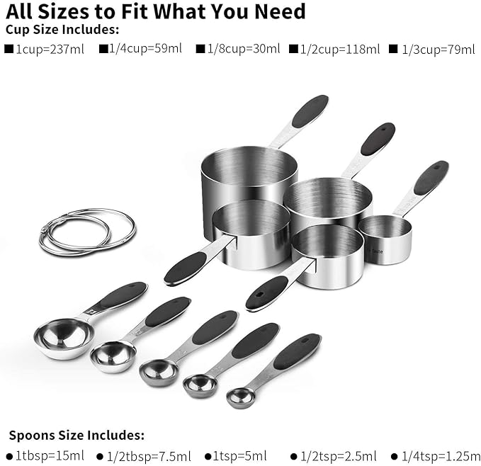 U-Taste 18/8 Stainless Steel Measuring Cups and Spoons Set of 10 and 600ºF Heat Resistat Silicone Flexible Baking Spoon Spatula & Cooking Scoop Spoonula (Black)