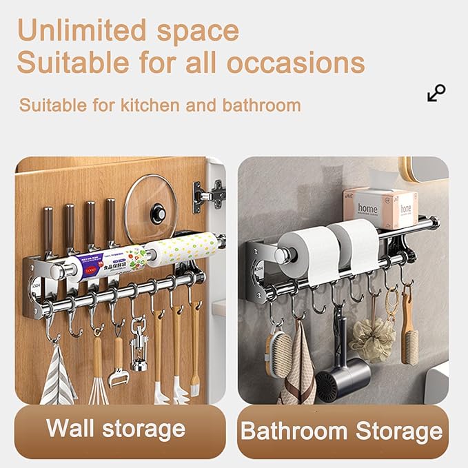 Hanging Wall Mount Knife Wall Mount,Kitchen Utensil Hanger,Space-Saving Kitchen Utensil Rack with Hooks,Kitchen Storage Shelf for Utensils Spatula Spoon, Easy to Clean (Black, 40CM+8Hook)