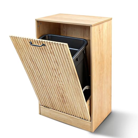 Moderock 13 Gallon Wooden Tilt Out Trash Cabinet Hidden Trash Can, Fluted Hidden Trash Can Cabinet, Farmhouse Wood Laundry Basket Cabinets for Bathroom, Kitchen, Natural Oak