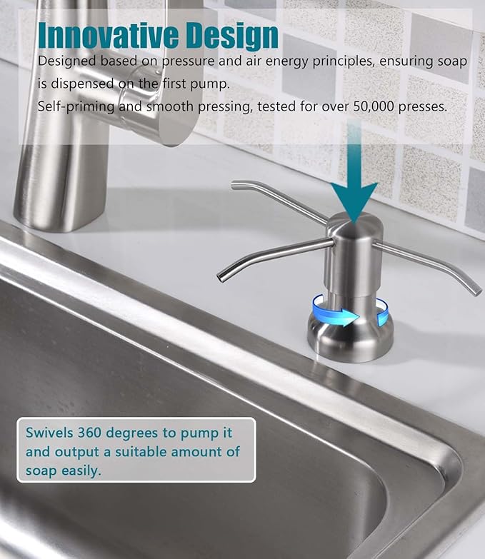 Soap Dispenser for Kitchen Sink, SonTiy Kitchen Dish Soap Dispenser Pump Brushed Stainless Steel Liquid Soap Dispenser with 47" No-Spill Extension Tube with Check Valve+17 OZ Bottle, Powerful Suction