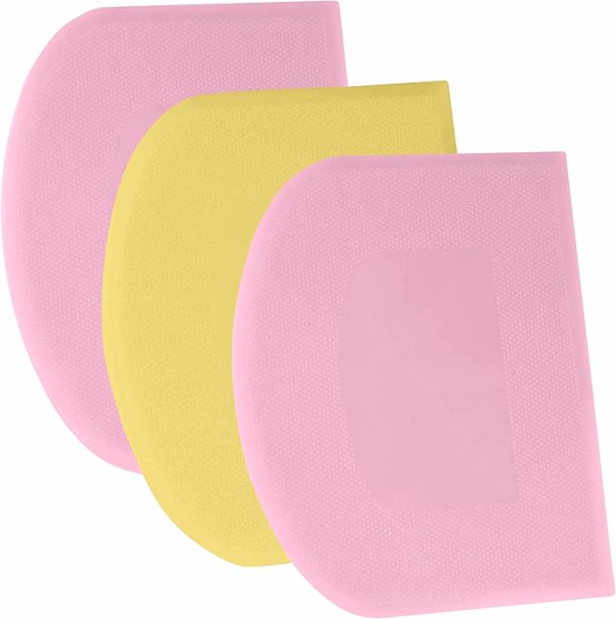 SURDOCA Dough Scraper Bench Scraper - 3P 9.5x6.1" Plastic Flexible Bowl Scraper, Sharp Edge & Angles Cake Scraper. Non-Slip Bakeware Decorating Tools Sculpting & Modeling Tools - Pink+Yellow+Pink