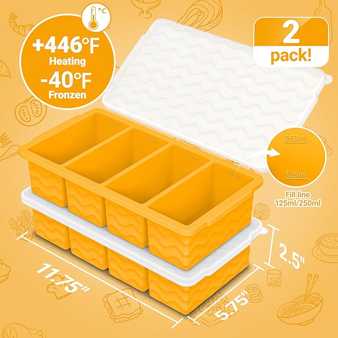 Doasuwish Silicone Freezer Tray for Soup with Lid – 1-Cup Soup Container Cube Style Ice Cube Trays for Freezer, Meal Prep & Food Storage, Freeze 250mL/125mL Portions – 2 Pack