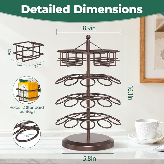 EsLuker.ly K Cup Holder Coffee Pod Organizer Carousel for Countertop, Rotatable Metal 4-Tier Storage Rack Stand for 30 K Cups & Tea Bags, Convenience Meets Elegance, Coffee Brown