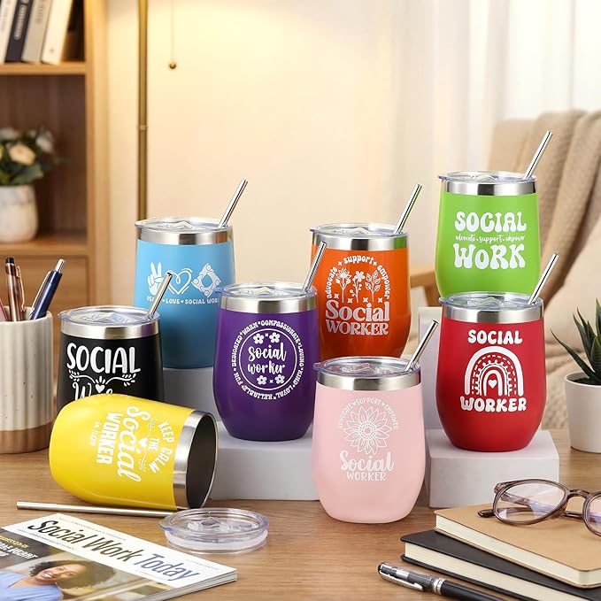 Sliner 8 Pcs Social Worker Tumbler with Lid 12oz Stainless Steel Cups Social Work Week Appreciation Gifts for Women Men Works Practitioner, Birthday Graduation Gift Ideas for BSW MSW DSW
